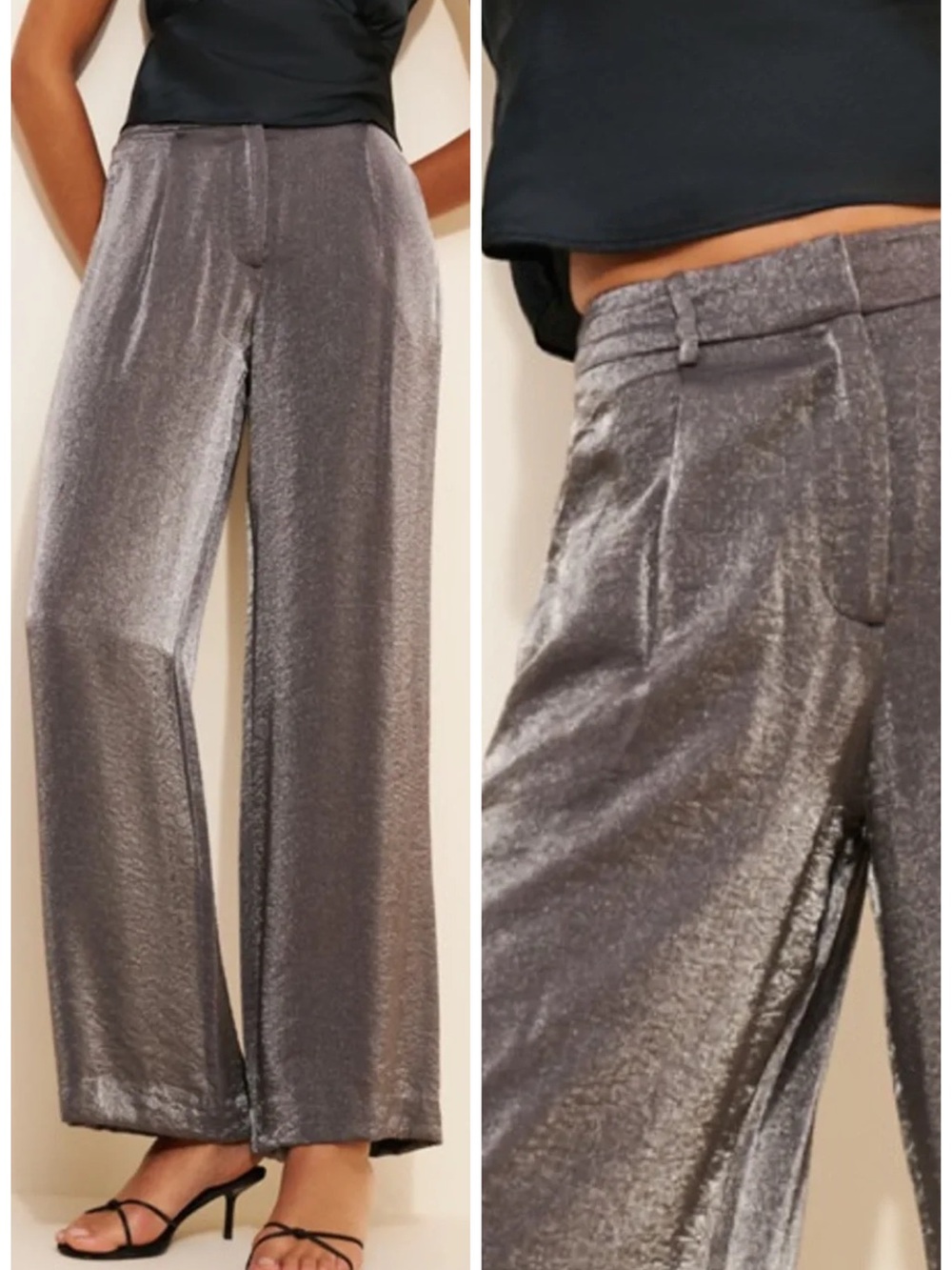 NWT Anthropologie Maeve Shimmered Wide Leg Trouser Pants in Gray 8P Metallic